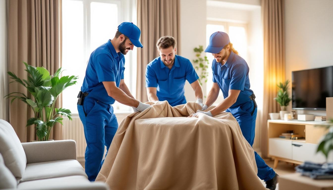 Équipe de demenageurs en intervention dans un interieur
