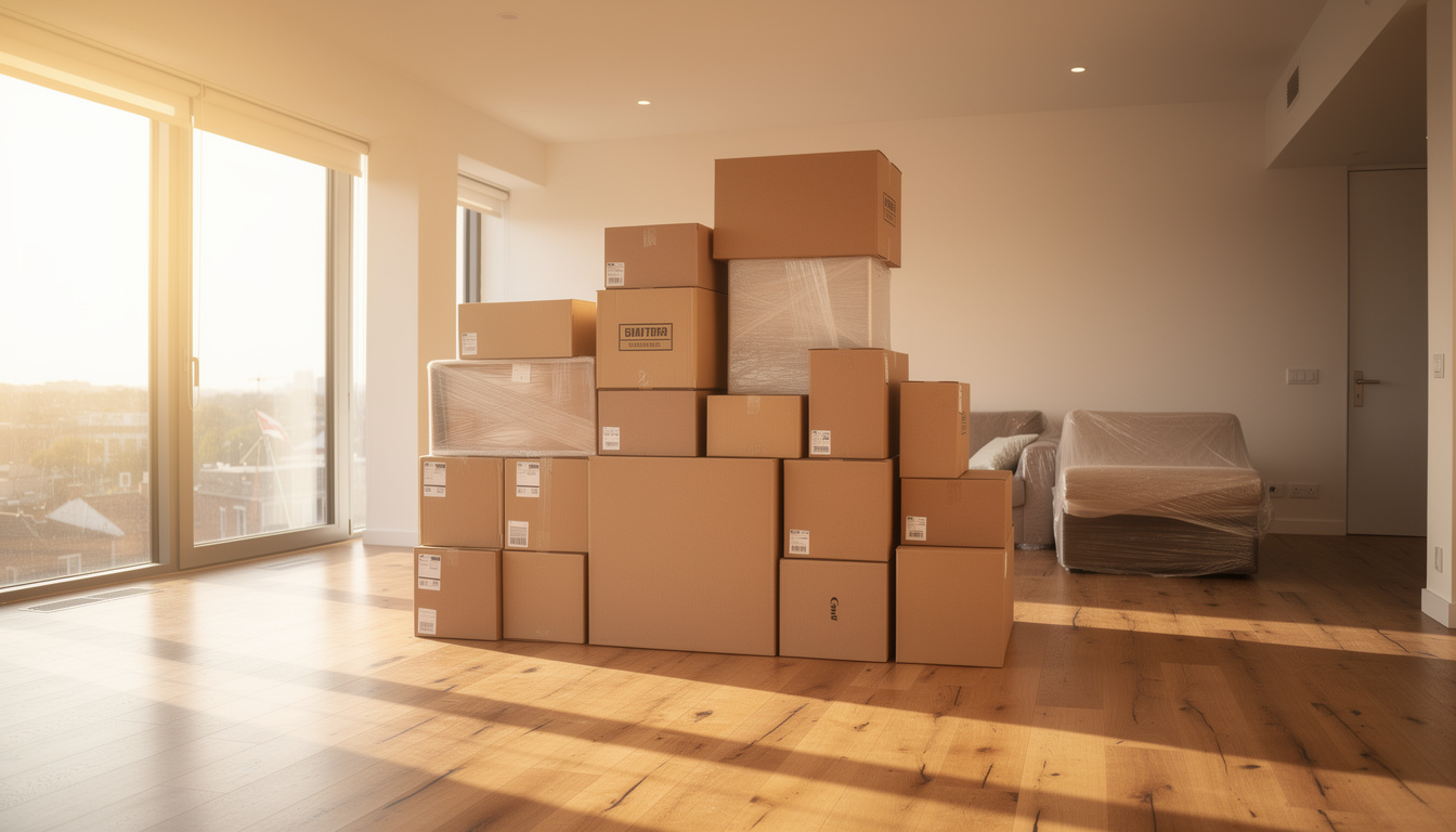 Camion de déménagement devant une maison et un immeuble urbain