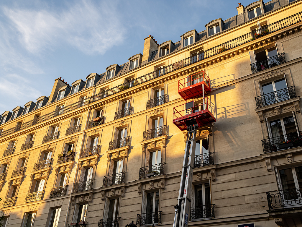 Monte-meubles en façade sur un chantier de déménagement JMS