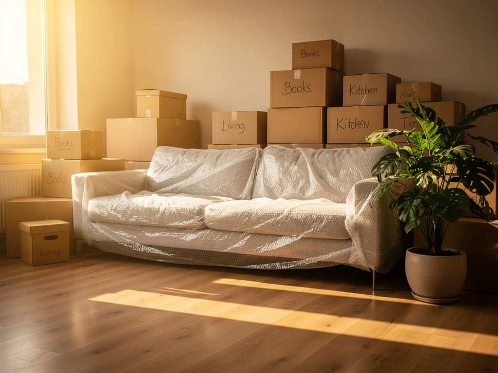 Équipe JMS préparant un déménagement particulier avec cartons et mobilier